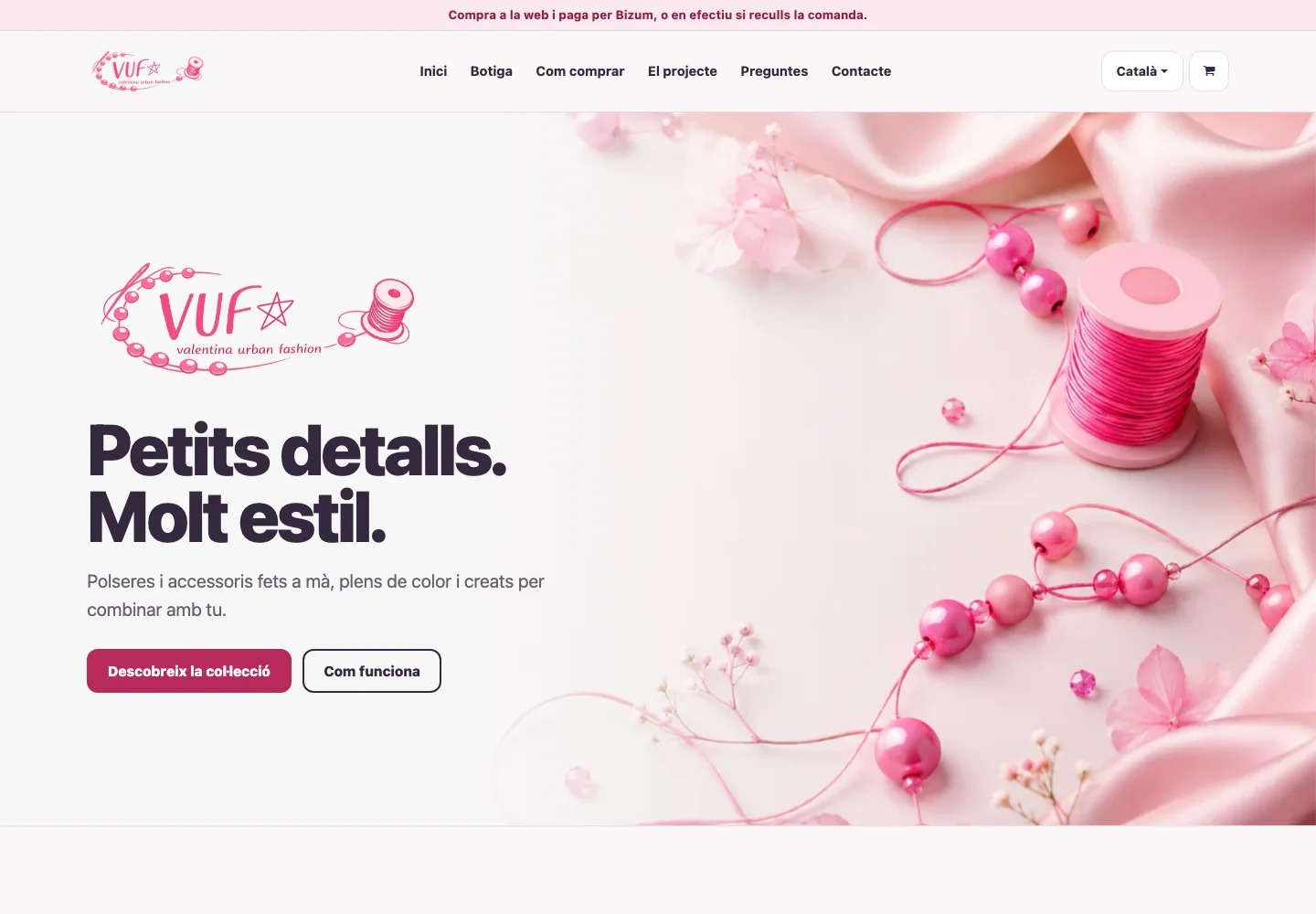 Valentina Urban Fashion homepage with its pink identity and an invitation to discover the collection